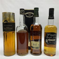 Tomintoul Glenlivet, single highland malt Scotch whisky, 1980s perfume bottling, Tomintoul Glenlivet, 8 Years Old, single malt Scotch whisky, Tamdhu, 10 year old, single malt Scotch whisky and W.M Grants, single Scotch whisky, various contents and proof 