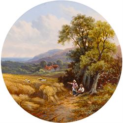 David Horatio Winder (Lancashire 1855-1933) Figures in the Cornfield, circular oil on board signed with initials and dated 1907, 30cm diameter; Maude Madelene Winder (Lancashire 1882 -1947): 'On the Dart - Devon' and 'Still Evening', pair oils on board signed and dated 1907; 35cm x 60cm, all in matching ornate gilt frames (3) 
Notes: Maude was the eldest child of David Horatio Winder and Alice Ashworth (1855-1919).