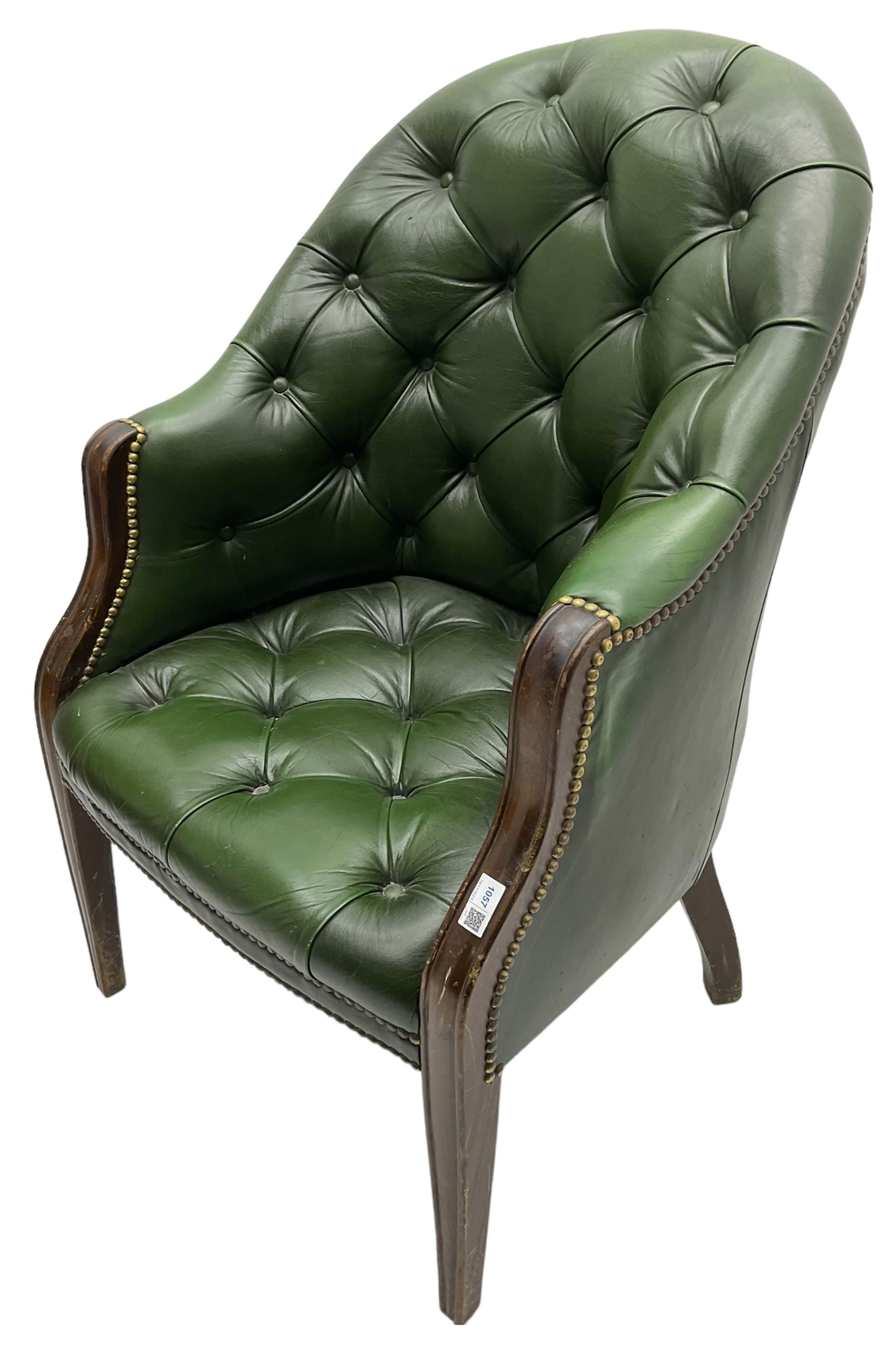 19th century design mahogany framed chesterfield library chair, upholstered in buttoned green leather with studwork, on square tapering supports