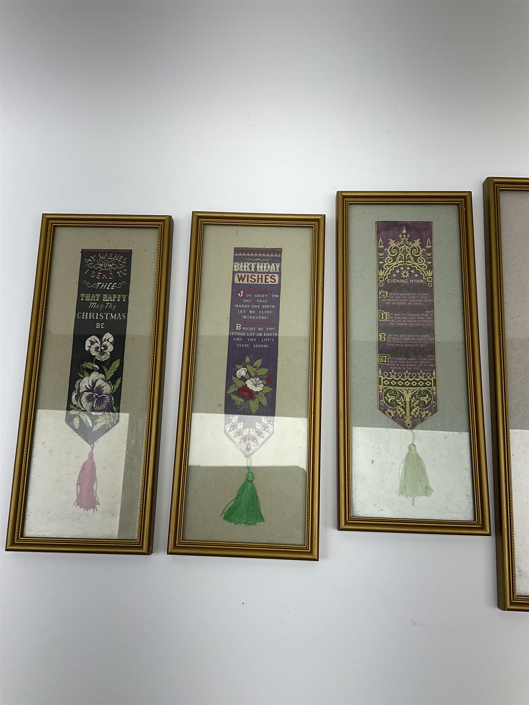 Six framed and glazed Stevengraph silk bookmarks, largest overall H33cm L13cm.