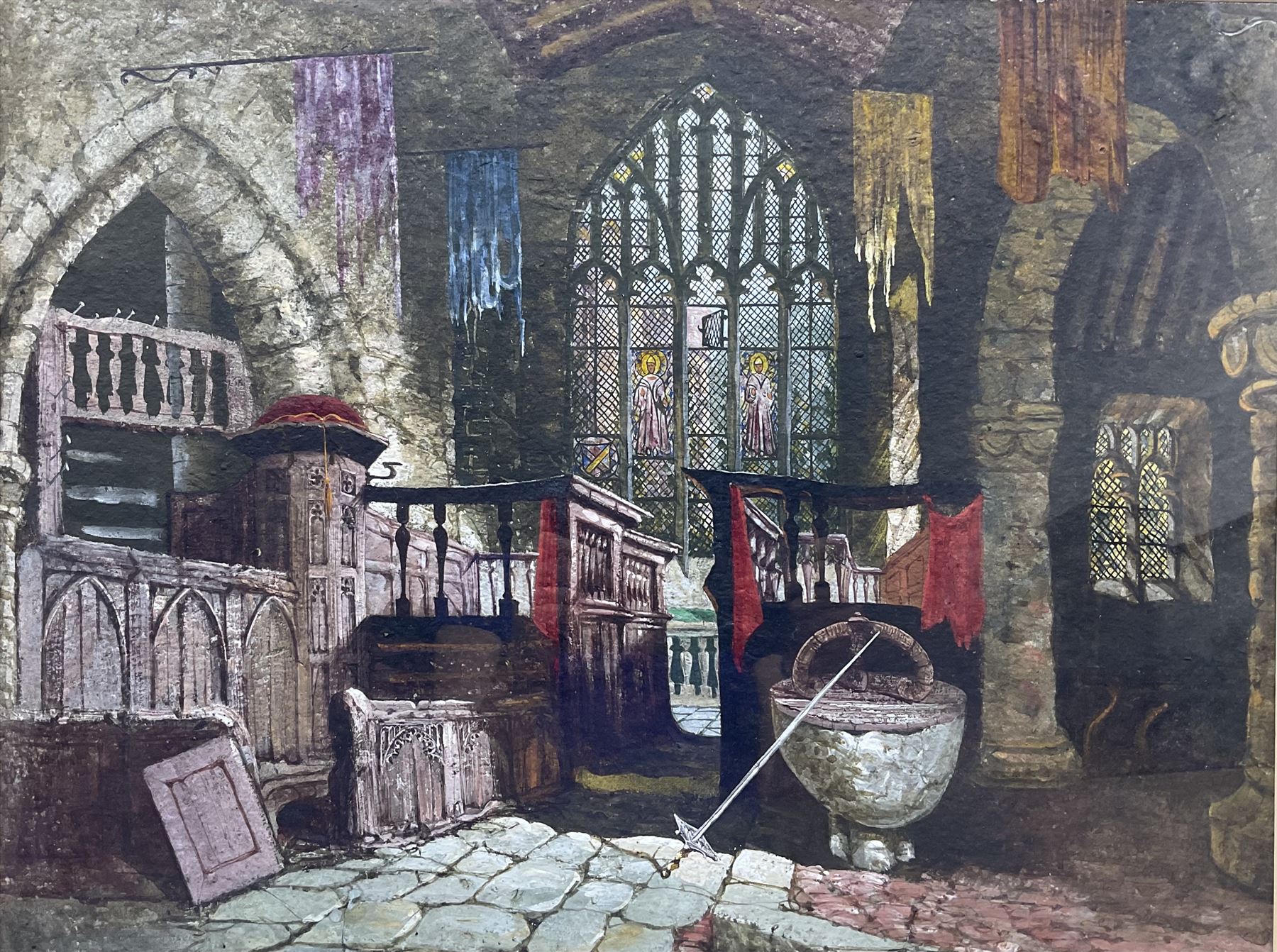 Attrib. Margaret Rayner (British 1837-1920): Baron's Chapel at Haddon Hall, watercolour and gouache unsigned 46cm x 60cm