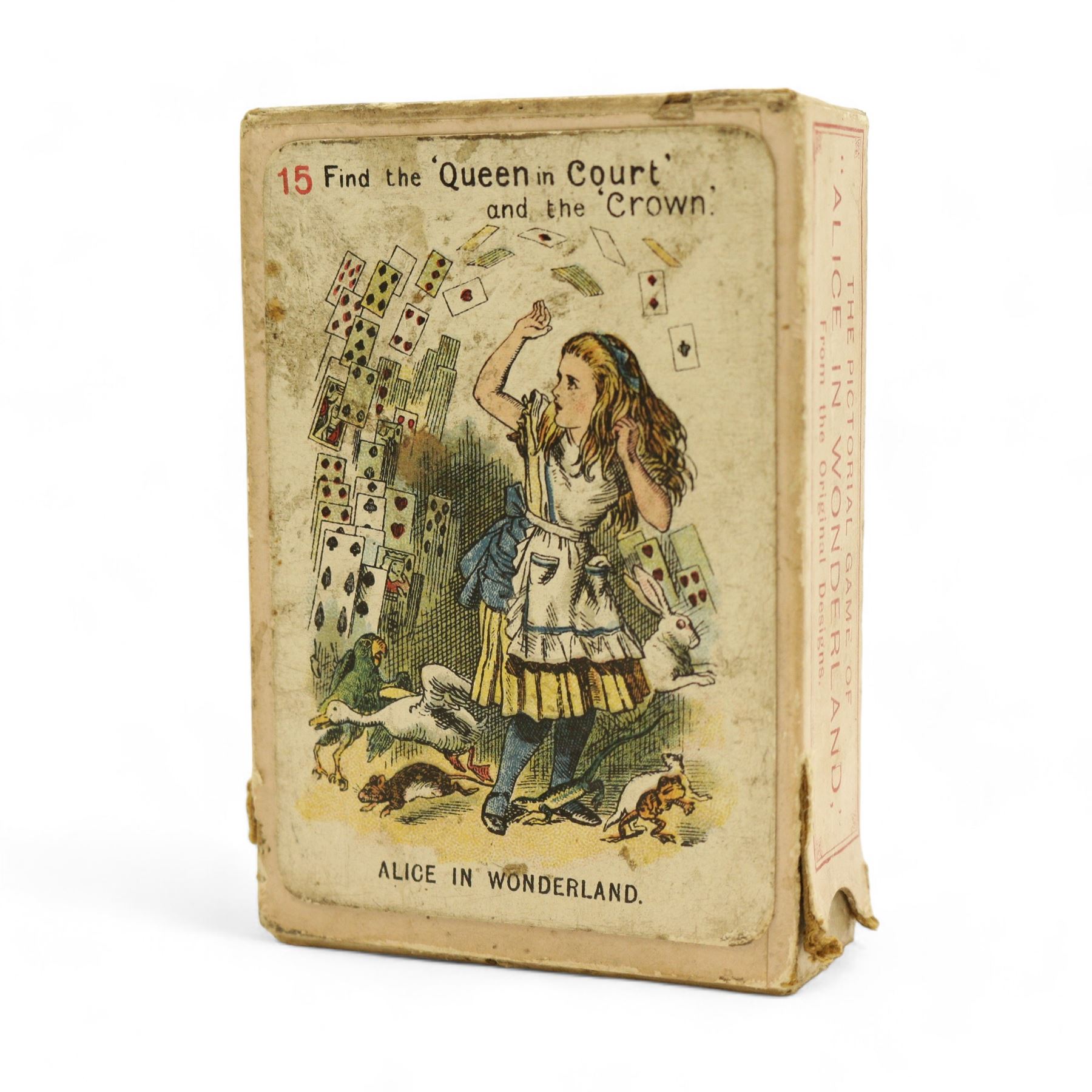 Late 19th century Alice In Wonderland card game, comprising forty eight pictorial cards, various colour illustrations from Sir John Tenniel's original designs by Miss E. Gertrude Thomson, manufactured by Thomas De La Rue & Co. Ltd., slip case with cover