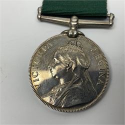 Victoria Long Service in the Volunteer Force Medal awarded to 369 Bombr. W. Woodward 1st Lincs. V.A.; and reproduction Victoria India Medal with Lucknow clasp; both with ribbons (2)