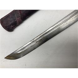 Copy of a WWII Japanese NCO sword, the 65cm slightly curving blade stamped with pseudo Japanese characters and cast brass simulated cord bound grip; in officer's leather bound field scabbard L97cm overall