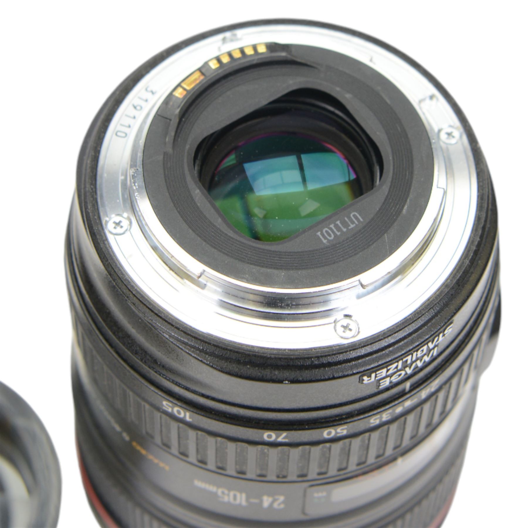Canon Ultrasonic EF 24-105mm 1:4 L IS USM zoom lens serial no. 319110, with Canon EW-83H lens hood, in carry pouch