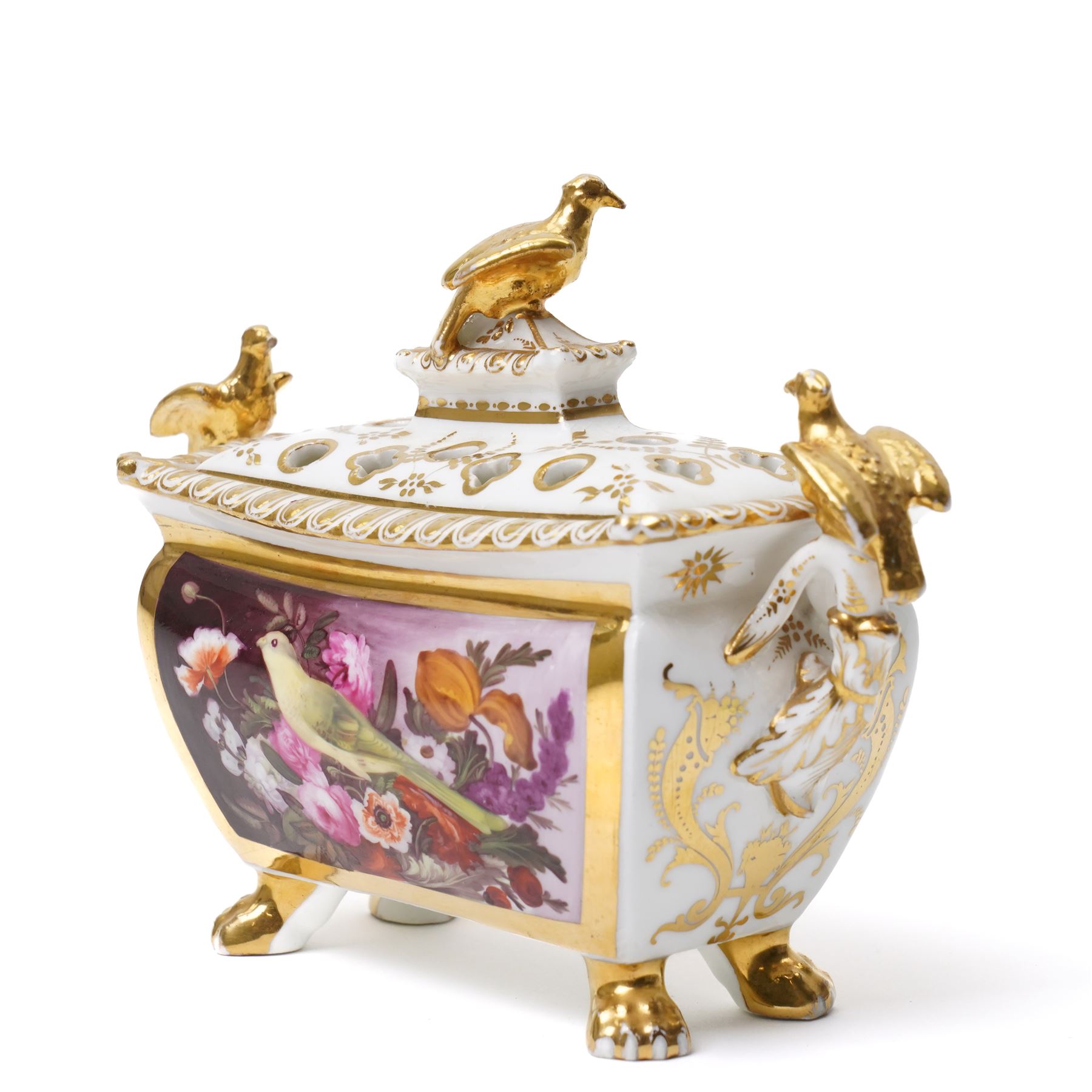 Early 19th century bough pot, hand-painted to each side with birds, modelled with bird lift and two birds perched on handles in gilt, unmarked but in the manner of Coalport, W19cm