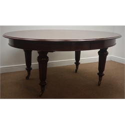  Quality late 19th century mahogany circular extending dining table stamped  'John Taylor & Son' Edinburgh, (missing leaves), turned and fluted supports, pierced spoked brass castors, ' W172cm, H75cm, D143cm, (366cm fully extended)  
