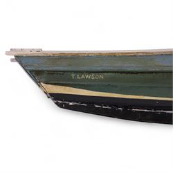 Two wooden fishing coble models, comprising SE31, with rudder, painted in blue, white and red and SSS.33 'Alice', painted in green, black and yellow, largest H16cm, L70cm