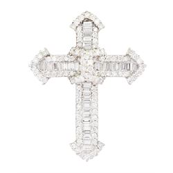 18ct white gold round brilliant cut and baguette cut diamond cross pendant, hallmarked, total diamond weight approx 1.80 carat