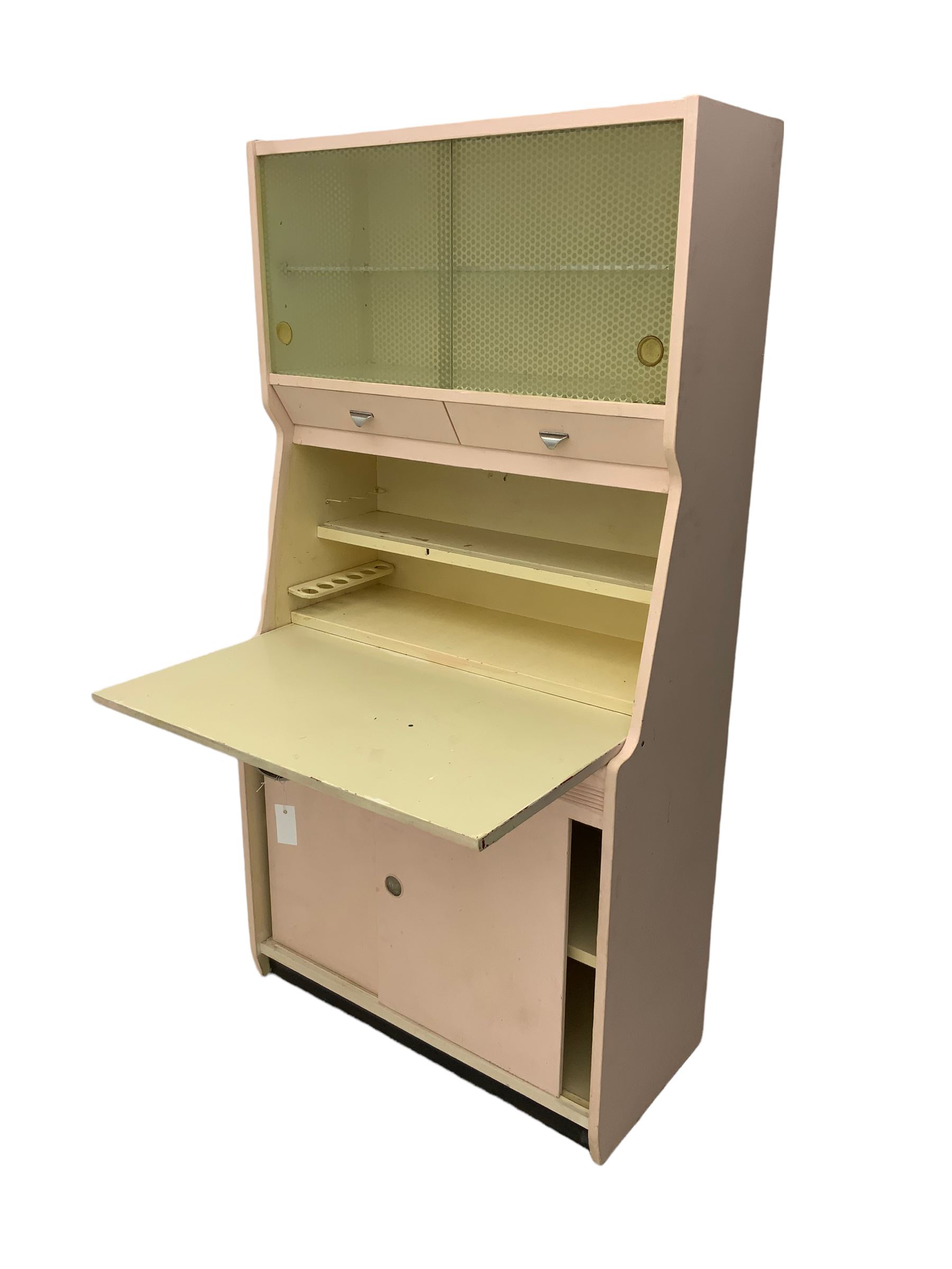 Hygena - mid-20th century painted kitchen cabinet, glass sliding doors, above fall front preparation surface, two sliding cupboards to base