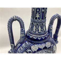 German stoneware blue glazed vase of flattened form with twin handles, H49cm (a/f)