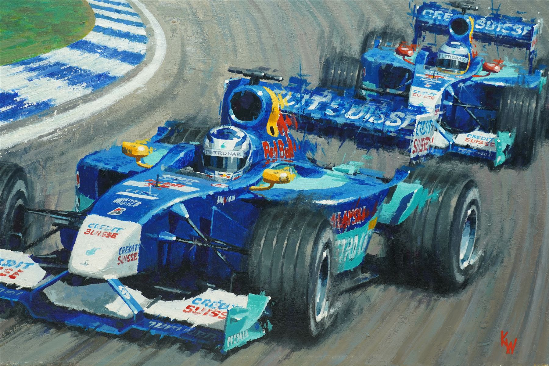 Keith Woodcock (British Contemporary): 'Young Guns' - Kimi Raikkonen and Nick Heidfeld in the their Sauber Cars Formula One 2001, acrylic on canvas signed, 41cm x 61cm