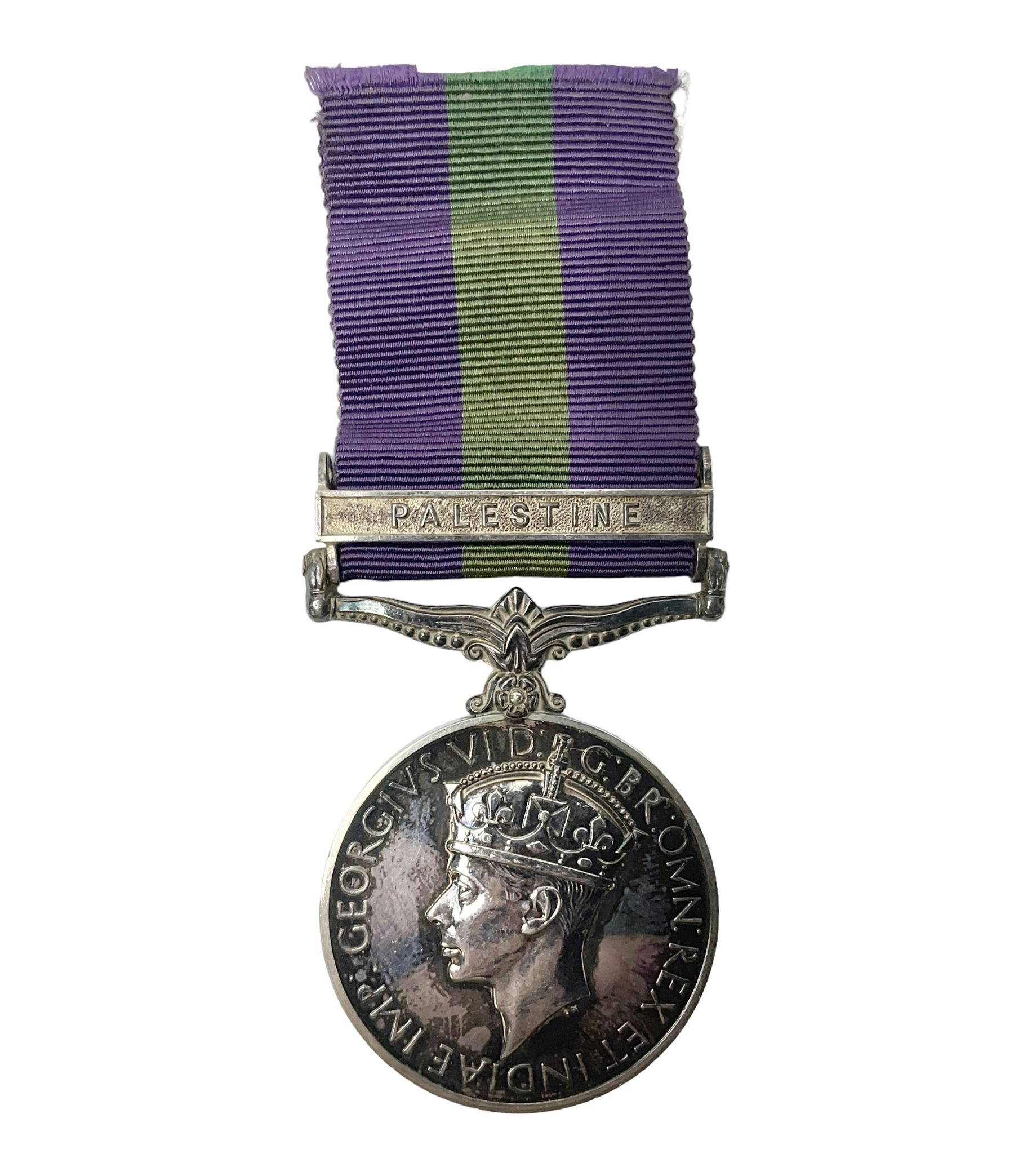 George VI General Service Medal with Palestine clasp awarded to 64155 Dvr. E. Hattersley R.A.S.C.; with ribbon