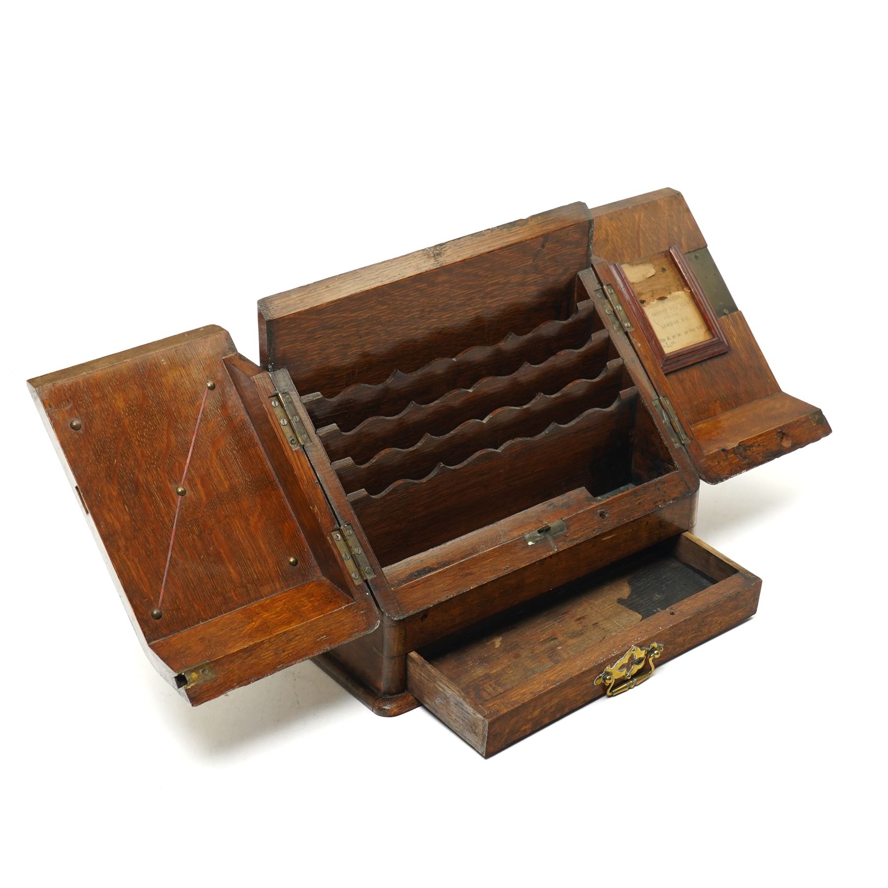 Victorian oak stationery cabinet, the two-door front opening to reveal compartmentalised interior, single drawer to base, H27cm W31cm 