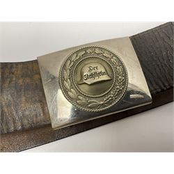 Pair of WW2 German Other Ranks trousers c1940-42, stamped C.& A. Brenninkmeyer Workstatten; WW2 German Army webbing belt with steel 'Gott Mit Uns' buckle; and WW2 German leather belt with 'Stahlhelm' (Steel Helmet League) members buckle (3)