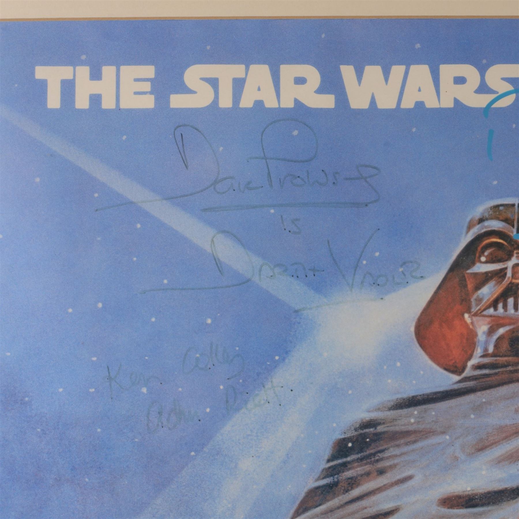 Autographed 1980s Star Wars Empire Strikes Back movie poster, with artwork by Tom Jung, with signatures including Michael Sheard (Admiral Ozzel), Koo Stark, Caroline Blakiston (Mon Mothma), Shelagh Fraser (Aunt Beru), Mike Edmonds (Logray), Peter Mayhew (Chewbacca), Jeremy Bulloch (Boba Fett), Stuart Freeborn (Creature Designer), Warwick Davies (Wicket), Michael Carter (Bib Fortuna), Dave Prowse (Darth Vader), Kenny Baker (R2D2), signatures and poster obtained at the Dave Prowse Promotions Mulitcon Event 1998 at The Norbreck Caste Hotel, Blackpool, in glazed black frame, frame H115cm