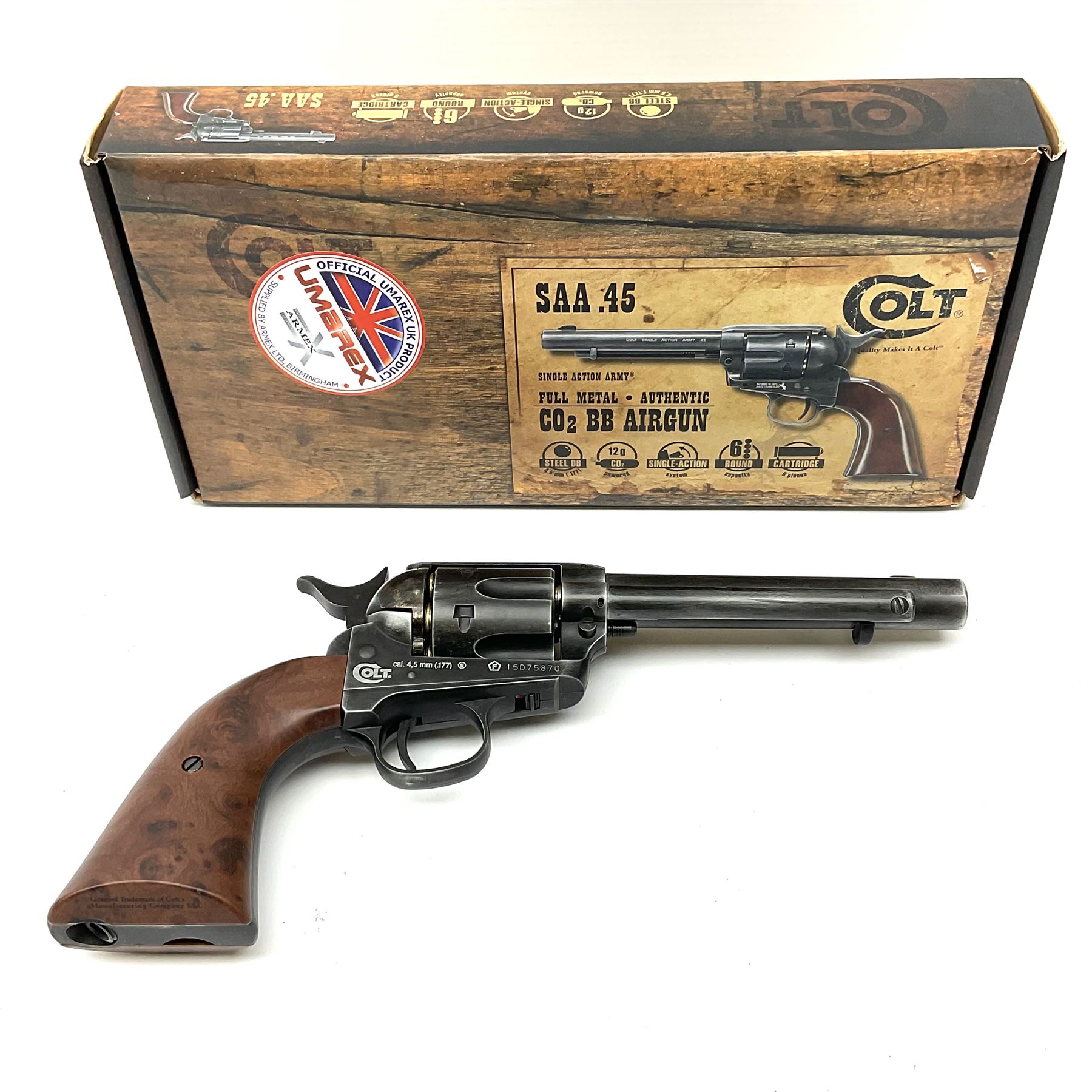 Umarex Colt SAA (single action army) .45 CO2 BB airgun in full metal, serial no.15D75870, L30.5cm, boxed with instructions