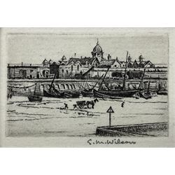 Eli Marsden Wilson ARE ARCE (British 1877-1965): 'Low Tide Margate Harbour', pair miniature etchings signed in pencil 2.4cm x 3.8cm (2) 
Provenance: by descent through the artist's family; removed from the artist's cabinet, to be sold in the Country House Sale, Saturday 16th March 2024 Lot 1267. The etchings were commissioned for Queen Mary's Dolls' House. Sold together with a letter from Princess Marie Louise to the artist dated September 11 1922 requesting the production of a drawing to be included in a portfolio in the King's Library. Featured on the Antiques Roadshow, Series 35, Scarborough Grand Spa Hall, 16th November 2012.