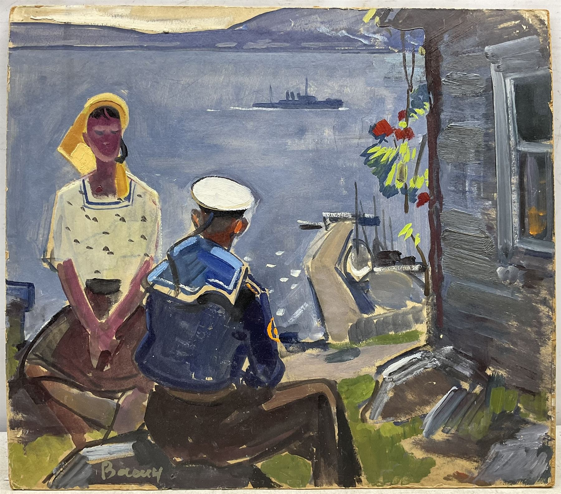 Viktor Fedorovich Vasin (Russian 1919-1997): Sailor and Young Lady Looking out to Sea and Workers Eating Watermelon, double-sided oil on board signed 46cm x 52cm (unframed)