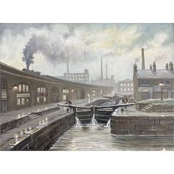 Steven Scholes (Northern British 1952-): 'Bridgewater Canal - Castle Field Manchester 1938', oil on canvas signed, titled verso 30cm x 40cm
