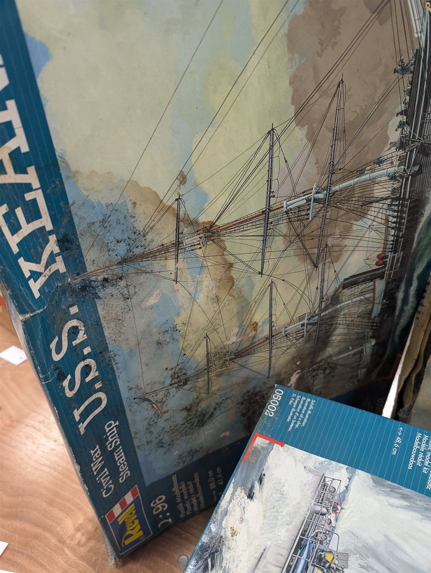 Collection of Revell military model building kits, including three USS Constitution examples, S-100 & Flak, German Submarine U99 and other similar model kits