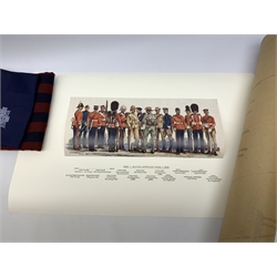 Scots Guards - set of five unframed annotated colour prints depicting the history of their uniform 1899 - 1958, each 20 x 36cm; together with regimental pullover, scarf, tie, shawl, double breasted blazer with Staybrite buttons and trousers