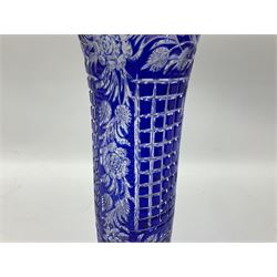 1930s John Walsh crystal blue overlay vase, flared trumpet form engraved with Roses amongst foliage and square cut panels, H36cm