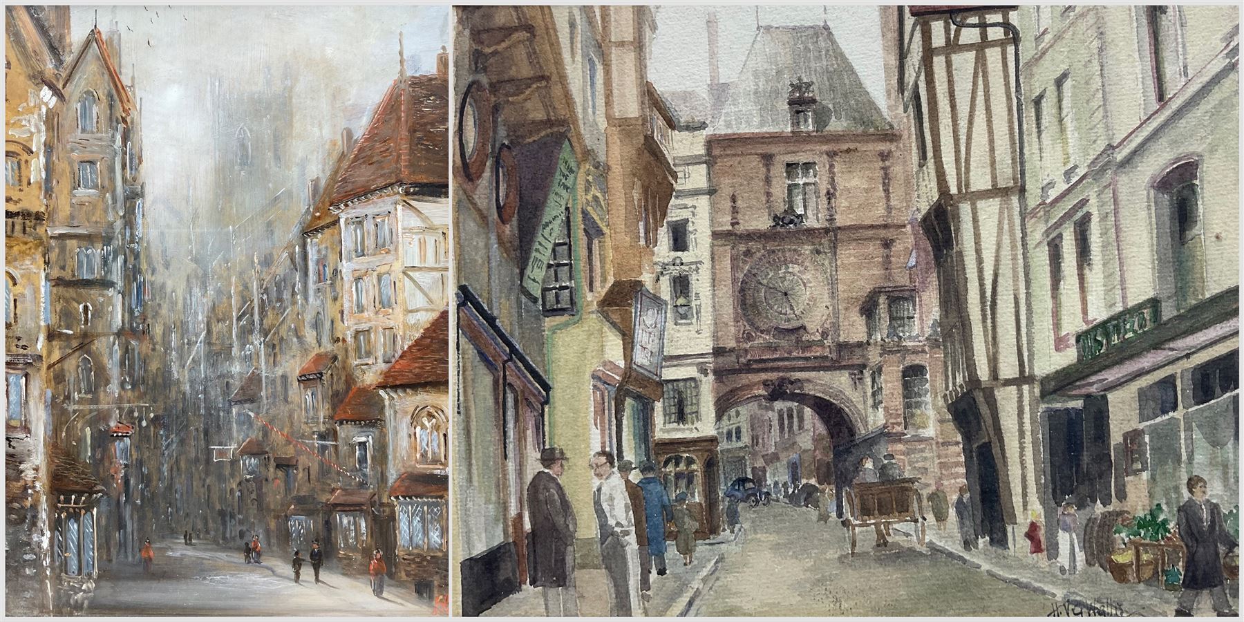 H V G Wallis (British 20th Century): The Great Clock - Rouen, watercolour signed; Continental School (Early 20th Century): View of Street and Cathedral, oil on board indistinctly signed, both housed in swept gilt frames max 29cm x 22cm (2)