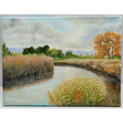 Gary Haigh (Northern British Contemporary): 'Reeds and River', oil on canvas signed 30cm x 40cm (unframed)