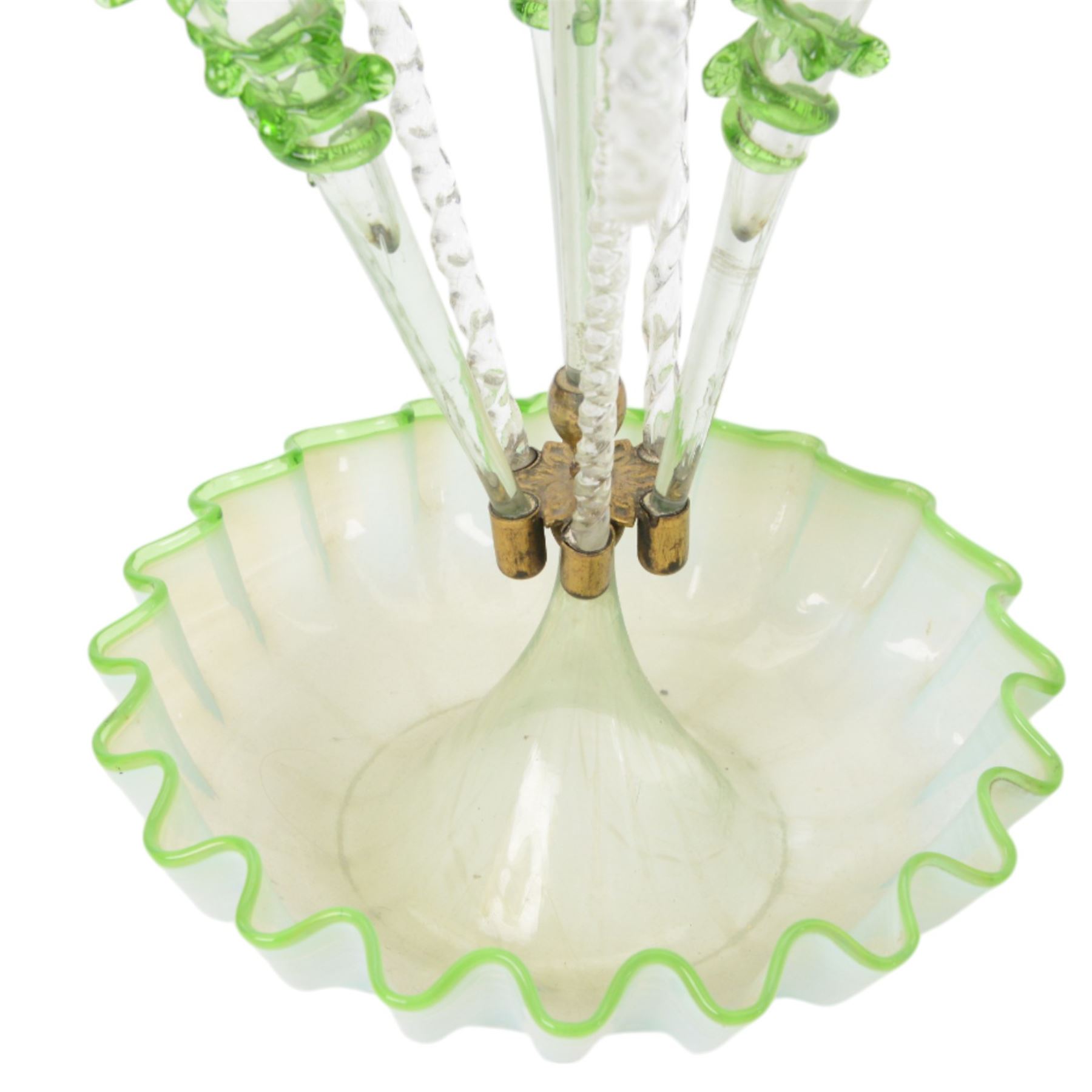 Victorian vaseline glass three basket epergne, H55cm