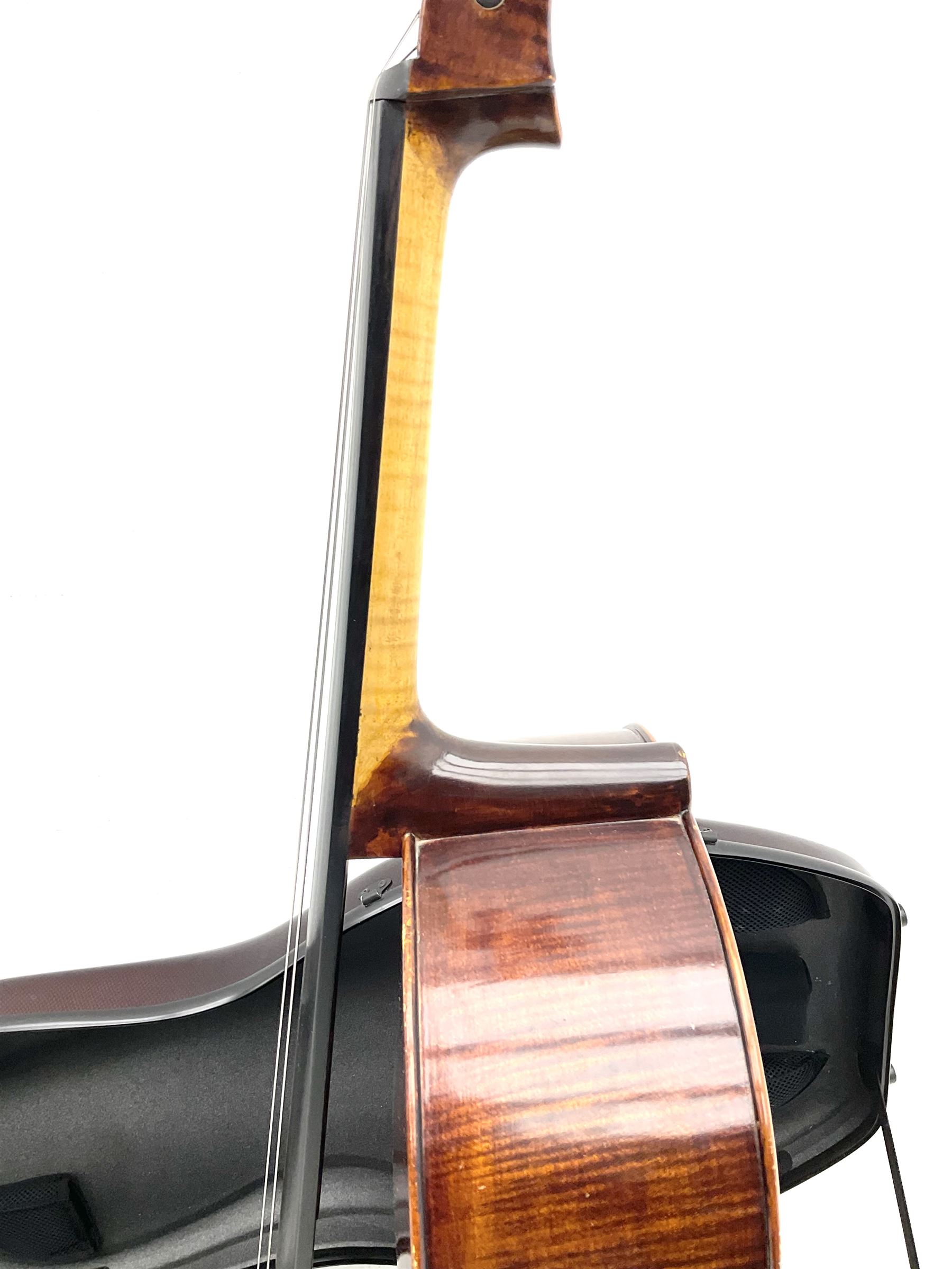 Alfred Stingl by Hofner cello, model AS-360 with 75.5cm two-piece maple back and ribs and spruce top, bears label with serial no.JO411-0706, L122cm; in carbon-fibre carrying case with bow
