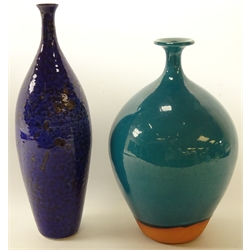  Crackle glazed terracotta vase by Russell Akerman, H33cm & another by the same sculptor, both with underglaze signatures (2)  