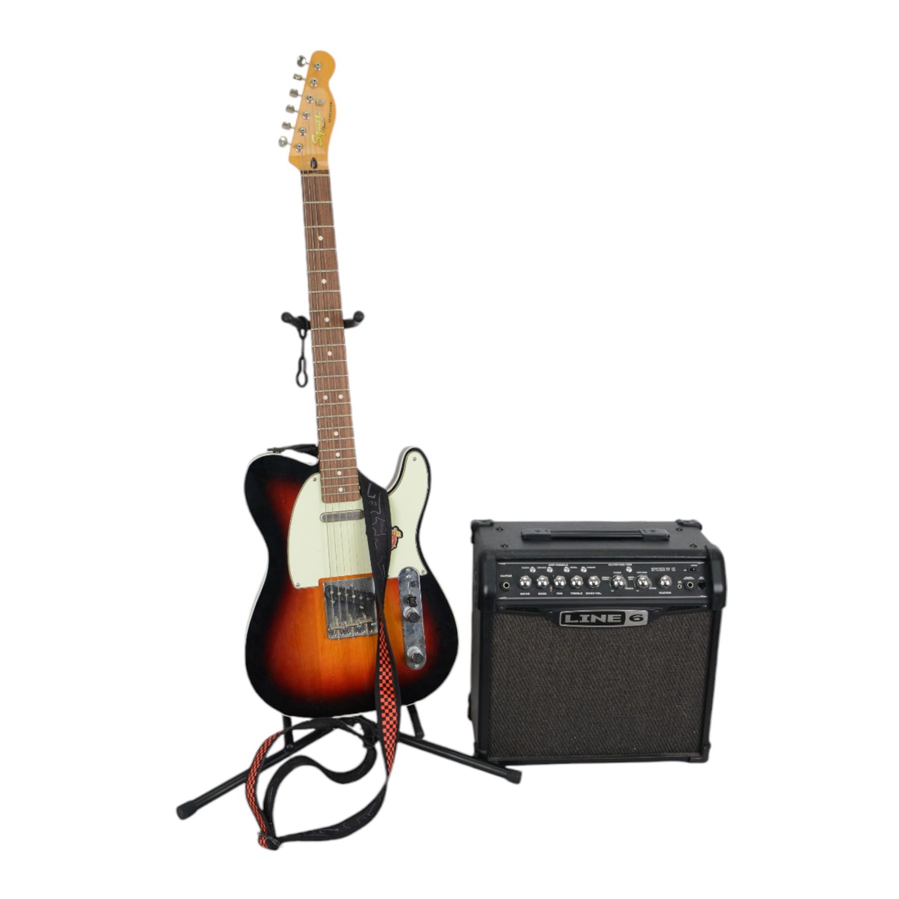 Squier by Fender Classic Vibe Telecaster electric guitar, made in China, serial no. CGS1002383, in three-tone sunburst finish with cream scratch guard, together with a Line 6 Spider IV 15 amplifier, guitar L100cm