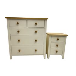 Painted chest with ash top fitted with two short and three long drawers (W90cm, H97cm, D43cm), and matching bedside chest (W46cm, H62cm, D35cm)
