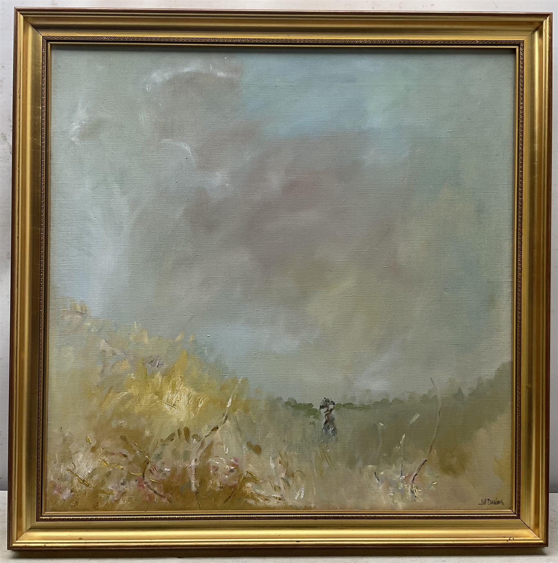 Jill Davies (British Contemporary): Impressionist Ladies in Summer Fields, pair oils on canvas signed 60cm x 60cm and 61cm x 45cm (2)