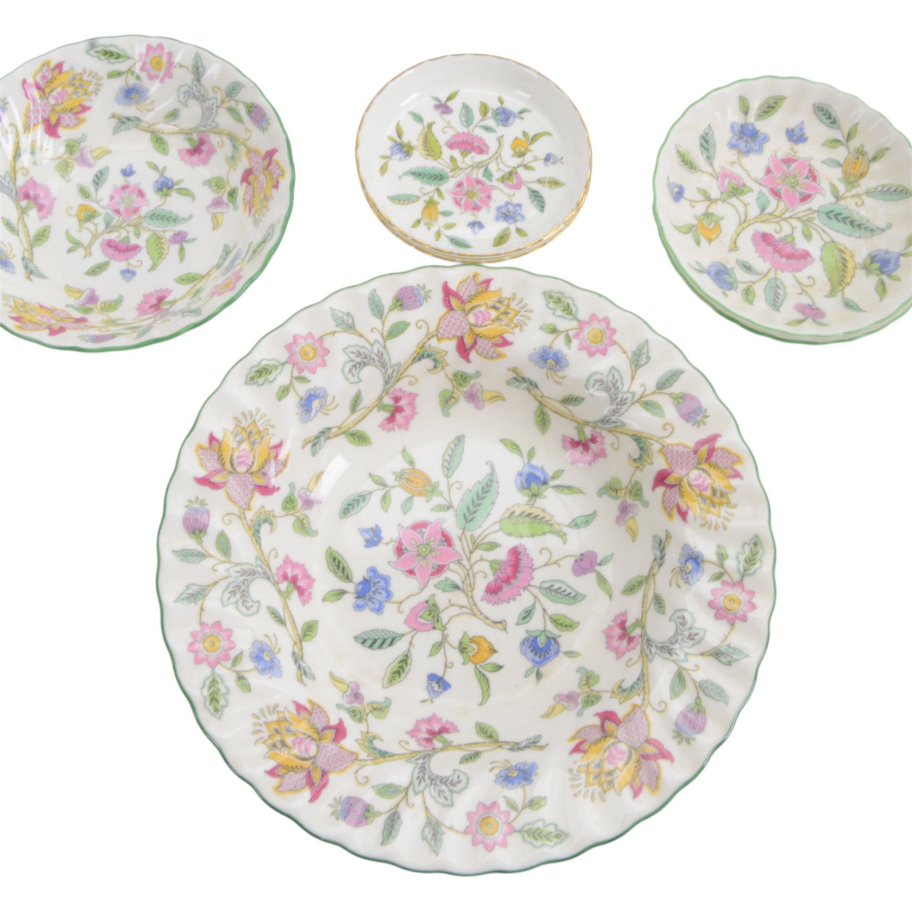 Minton Haddon Hall part dinner service, including teapot, nine dinner plates, nine soup bowls, two serving dishes, sauce boat and saucer etc in two boxes 