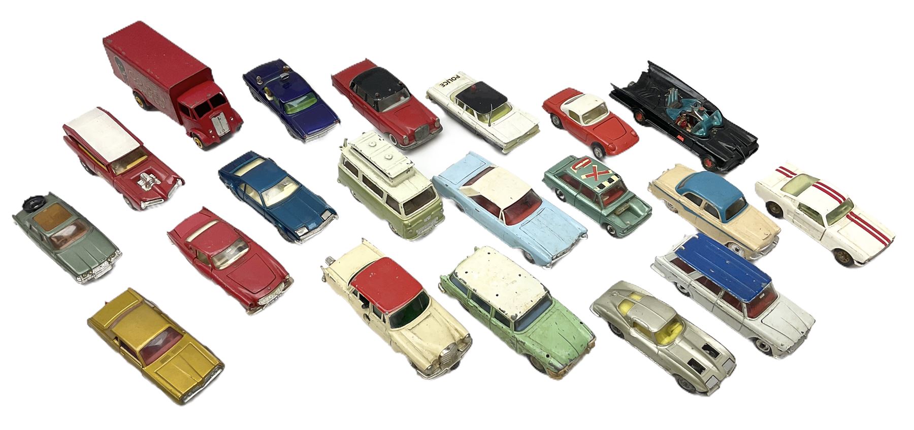 Twenty unboxed and playworn die-cast models including Dinky Guy van Golden Shred, Buick Riviera, Austin A105, Hillman Imp etc; Corgi Batmobile, Monkeemobile, Man From Uncle Oldsmobile Super 88, Airborne Caravan, Ford Mustang etc; Spot-On Humber Super Snipe Estate car; Schuco Micro Racer 1038 clockwork Mercedes 220S etc