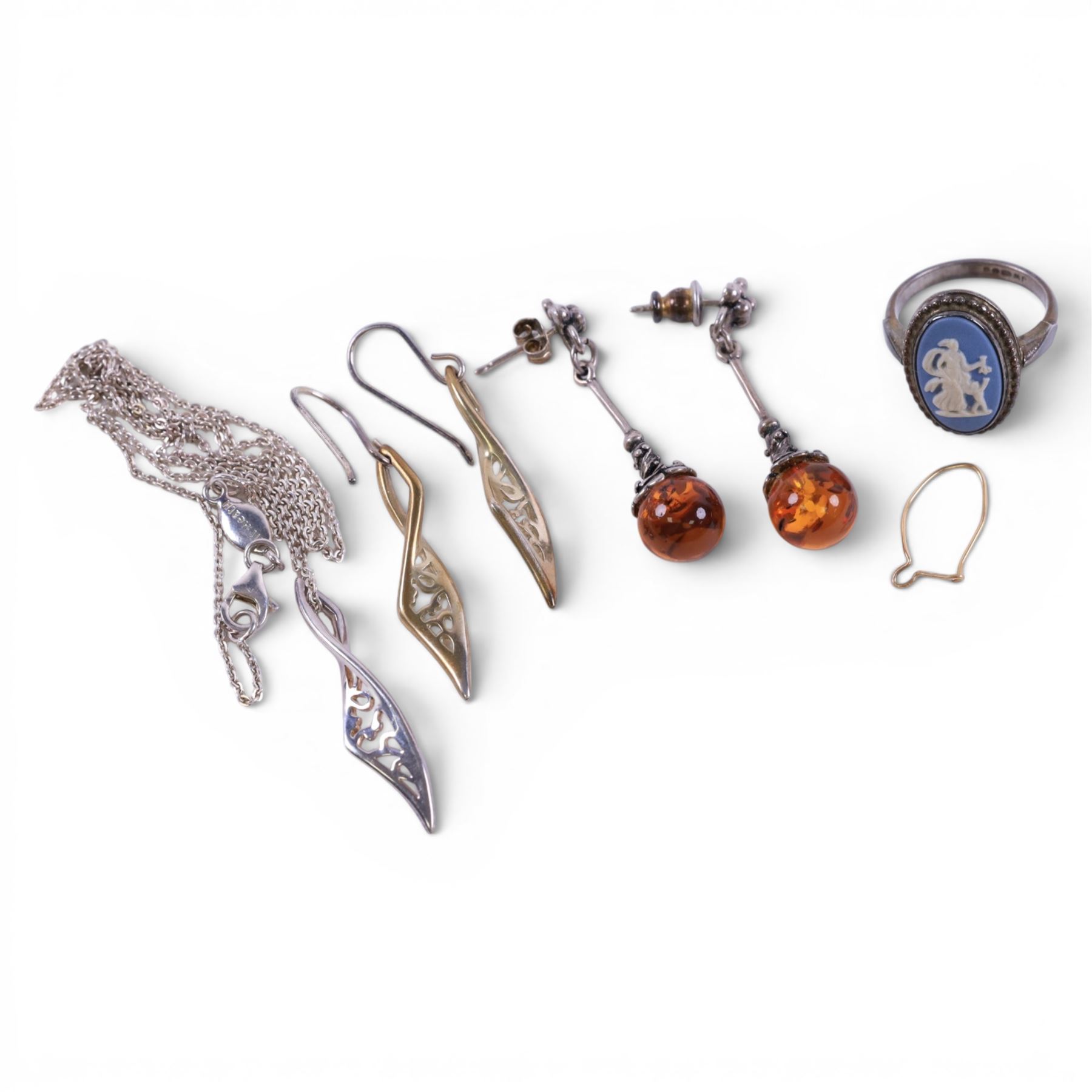 Silver jewellery, including Kit Heath pendant with matching earrings, pair of Baltic Amber pendant earrings and a Jasperware ring