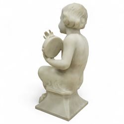 Follower of Claude Michel Clodion (French 1738-1814): The Putti-Faun Orchestra - set of four Italian carved white marble figures of child satyrs as musicians, each finely carved figure depicting a seated putto-faun with youthful features and small goat’s legs and cloven feet, variously playing rustic instruments: a syrinx (Panpipes), a flute, a tambourine and clappers - each raised on an integral waisted square plinth, Italian, circa 1900

Provenance: Kirkham Hall

Notes: Inspired by the rustic god Pan and his followers, these putti-fauns reflect the late-19th-century revival of classical themes popular with Grand Tour collectors; their instruments evoke the god Pan’s pastoral music, while the carving and  composition exemplify the appeal of bacchic subjects in the Italian neoclassical tradition