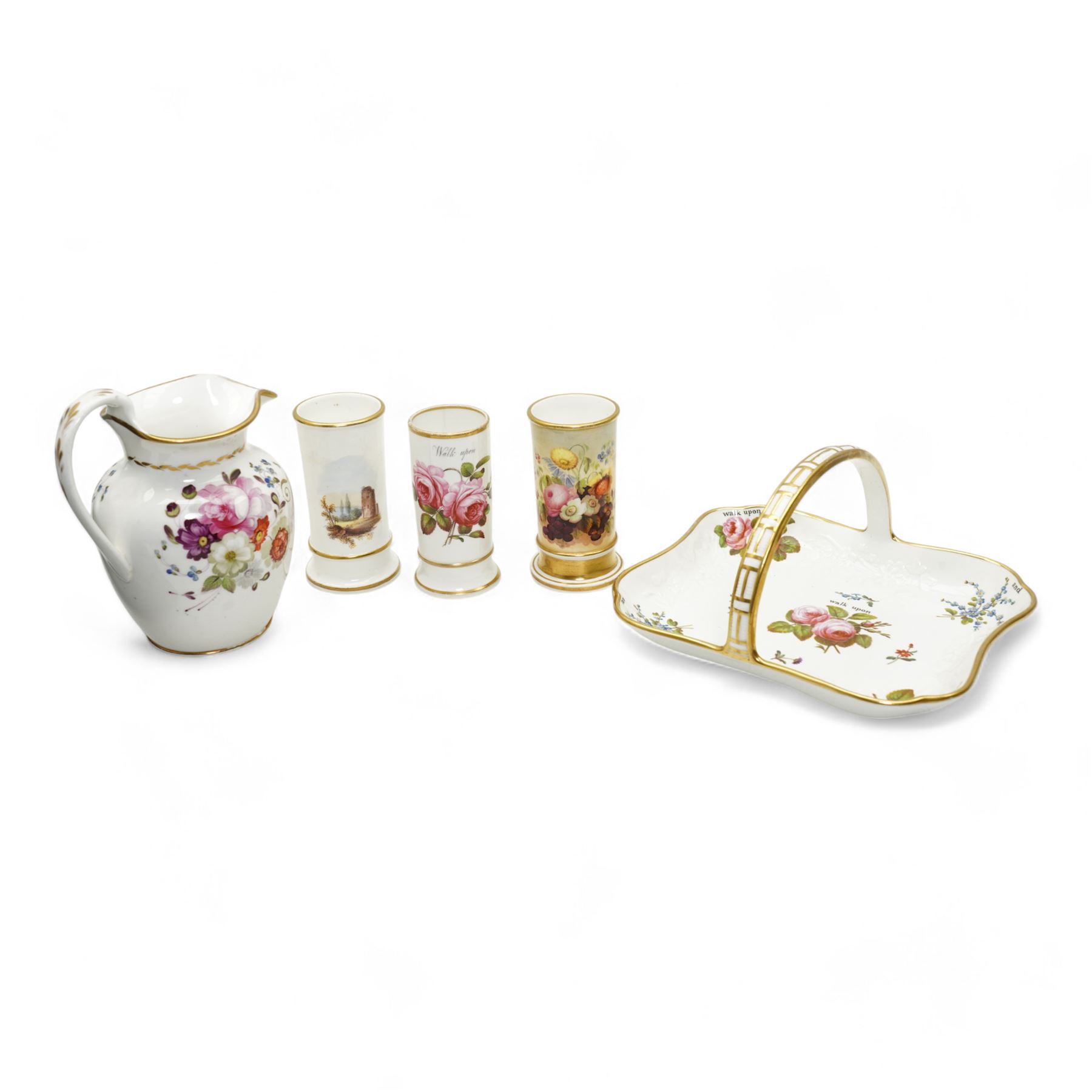 Early 19th century Spode porcelain basket, hand painted with pink roses and forget me nots and inscribed 'Walk Upon', L20cm, together with a similar Spode spill vase, two other spill vases, painted with flowers and castle, H10.5cm and an early English porcelain jug inscribed W & M West 1831, H16cm (5)