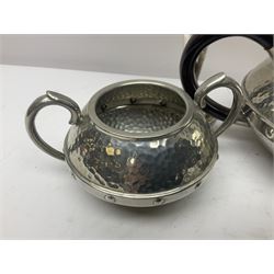 Three piece Arts and Crafts style hammered pewter tea service, comprising teapot, open sucrier and milk jug, together with a pair of silver plated trumpet vases and two Aristocrat silver plated cigarette boxes, each with engine turned decoration and engraved initials, vases H19.8cm