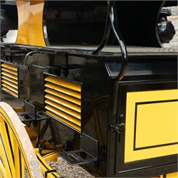 Roof Seat Break by Shanks of London

A roof seat break by Shanks of London built on a perch in black and yellow livery, the body fitted with an elevated driver's box seat, elevated rear groom's seat and central passenger compartment. The carriage is mounted on wooden spoked wheels with leaf spring suspension and is equipped with louvred underbody storage compartments, carriage lamp brackets (lamps next lot), folding access steps and a pole for driving with a pair or team of horses. The wheel hubs are stamped 