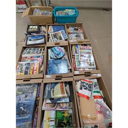 Large collection of model railway magazines, including Railyway Modeller, British Railway Modelling and Model Rail, together with railway and similar reference books, childrens books and VHS tapes in eleven boxes
