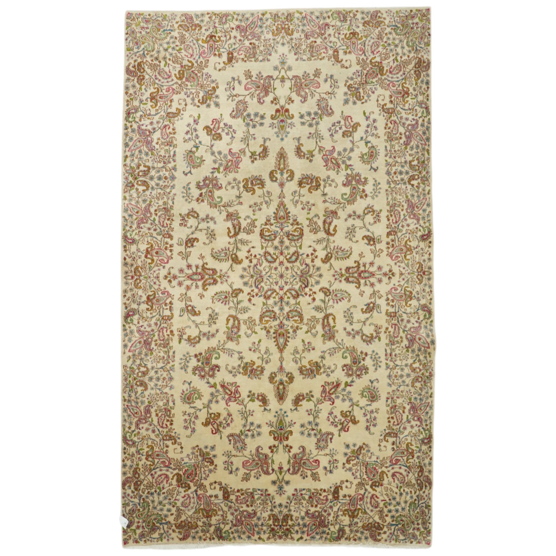 Persian Isfahan cream ground rug, overall floral design, sparse field decoration with trailing flower head and Boteh motifs, repeating floral pattern boarder with repeating motifs 