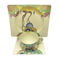 Clarice Cliff Biarritz for Royal Staffordshire/Wilkinson Ltd, teacup, saucer and side plate, in Viscaria pattern, the plate and saucer of rectangular form, each with printed mark beneath
