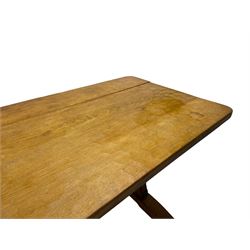 Gnomeman - large oak refectory dining table, rectangular adzed top on shaped end supports with sledge feet, united by pegged stretcher, carved with gnome signature, by Thomas Whittaker, Little Beck