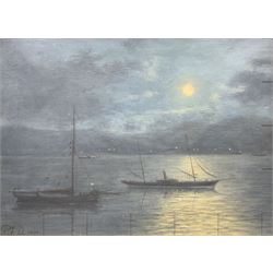 English School (Late 19th century): Boats on a Tranquil Lake by Moonlight, oil on canvas indistinctly signed with initials PFD? and dated 1897, 22cm x 30cm