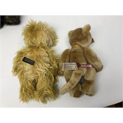 Seven Charlie Bears, comprising limited edition Anniversary Cheesecake SJ5471, designed by Isabelle lee, 431/500, Nuala CB185169, Liddy CB161648A, Philomena CB151592, and AJ CB171784B, each designed by Isabelle Lee, plus Shenanigans CB205243O, and another example lacking tag 