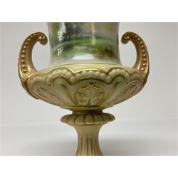 Early 20th century Royal Worcester campagna urn, hand painted with a view of Windsor Castle by Harry Davis, signed, upon a fluted socle with stiff leaf moulding to the domed circular foot, with puce printed marks beneath including date code for 1905, and shape no 1926, H18.5cm