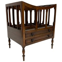 Georgian design mahogany four-division Canterbury, fitted with two drawers, on turned feet